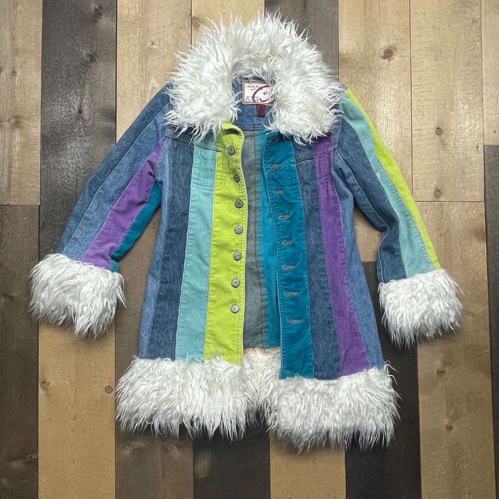 Children's Place MEDIUM 7/8 Penny Lane Coat Multicolor Corduroy Denim & Faux Fur